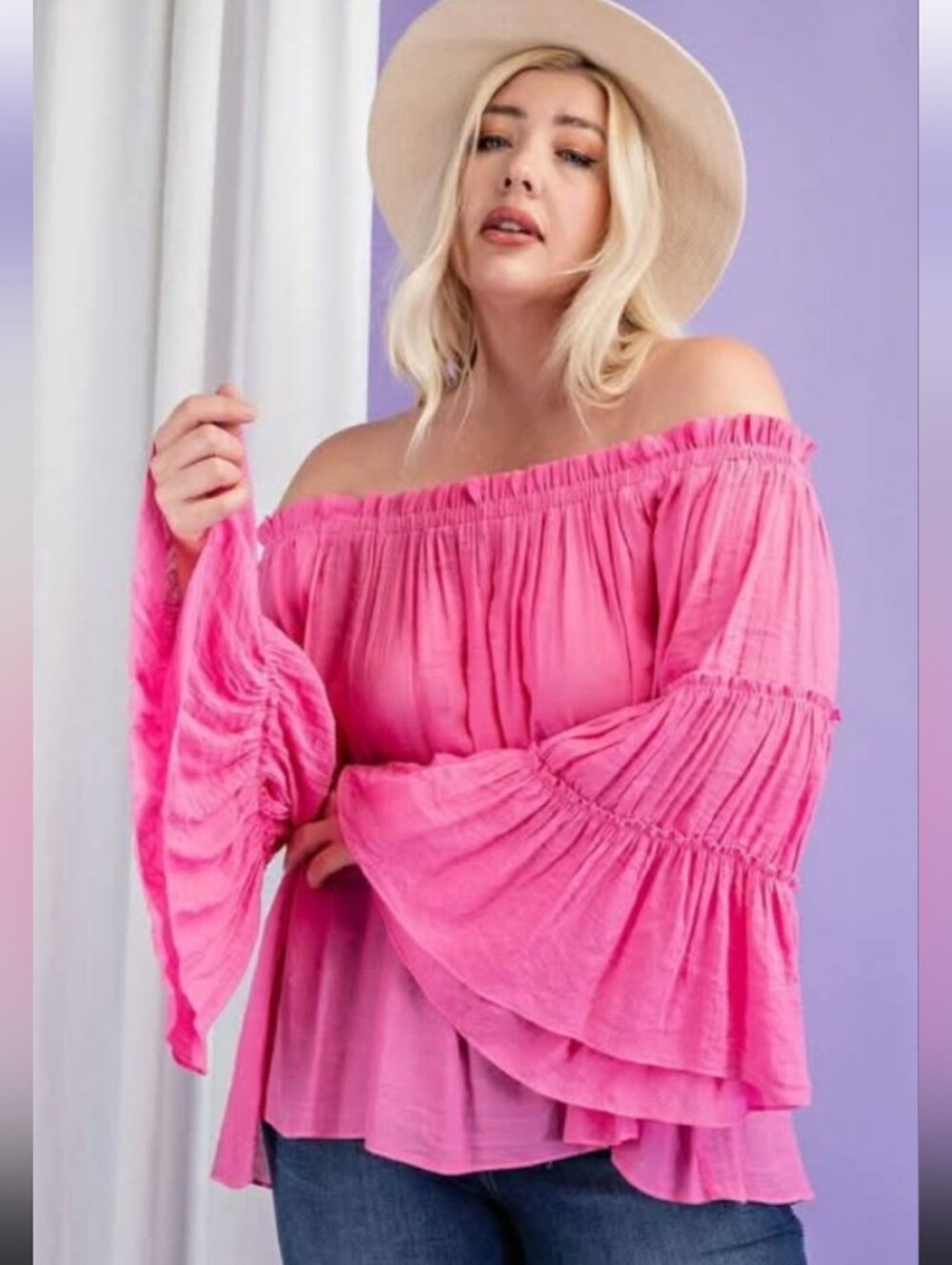 eesome Hot Pink Off-Shoulder Tiered Bell Sleeve Blouse